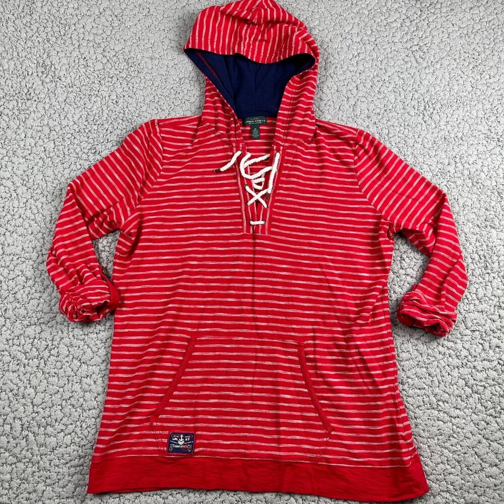 Lauren Ralph Lauren Lace Up Hoodie Womens 1X Red Striped Roll-Tab Sleeve
